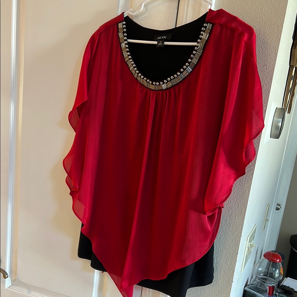 Alyx Red and Black Blouse with Dolman Sleeves and Asymmetrical Embellishments